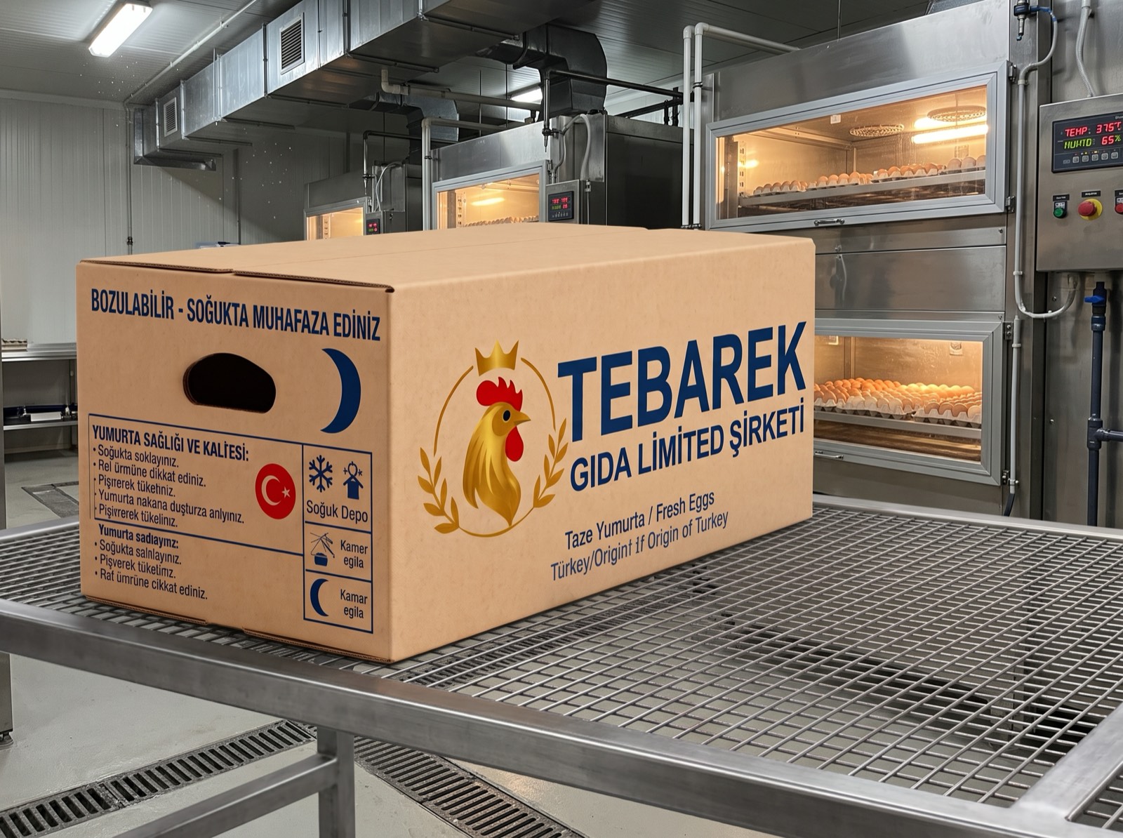 Kuluçka makineleri önünde Tebarek Gıda yumurta ihracat kolisi